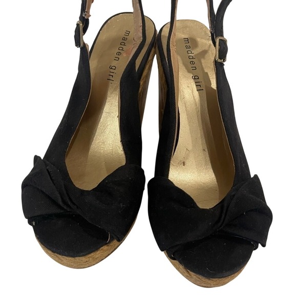 Madden Girl Elivia Black Cork Wedge Peep Toe Sandal Bow Slingback Women's Size 8 - Picture 3 of 7
